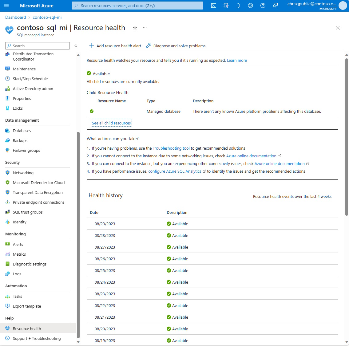 Zrzut ekranu witryny Azure Portal przedstawiający stronę Usługi Resource Health dla usługi Azure SQL Managed Instance.