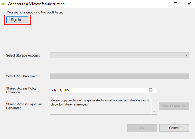 Zrzut ekranu przedstawiający okno dialogowe Połączenie do subskrypcji firmy Microsoft. Przycisk Zaloguj się jest wywoływany.