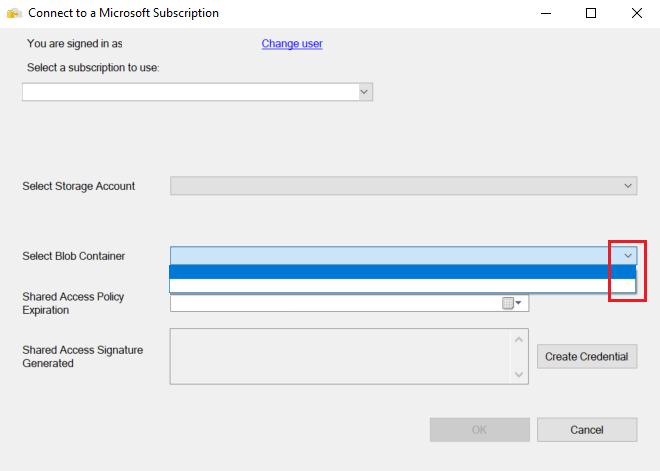 Zrzut ekranu przedstawiający okno dialogowe Połączenie do subskrypcji firmy Microsoft. Strzałka w dół w polu Listy Wybierz kontener obiektów blob jest wywoływana.