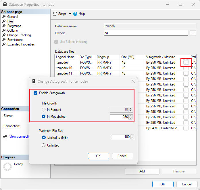 Zrzut ekranu przedstawiający zmianę automatycznego zwiększania wartości tempdev w programie SSMS z wyróżnioną nową nazwą pliku bazy danych.