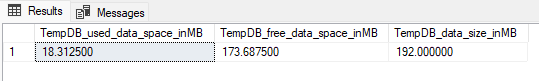 Zrzut ekranu przedstawiający wynik zapytania w programie SSMS przedstawiający używane i wolne miejsce w pliku danych bazy danych tempdb.