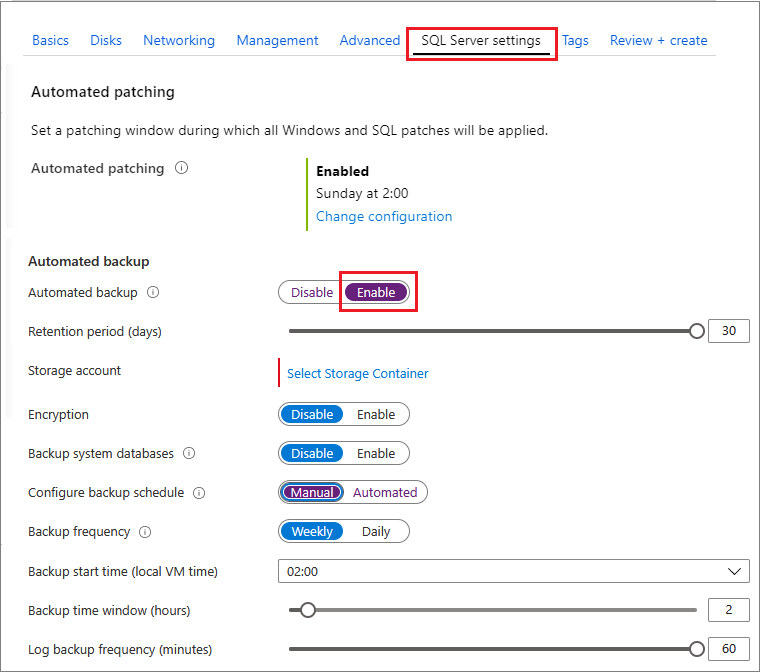 Zrzut ekranu przedstawiający konfigurację zautomatyzowanej kopii zapasowej w witrynie Azure Portal.