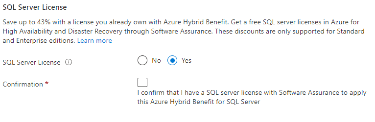 Zrzut ekranu portalu Azure przedstawiający informacje o licencjach programu SQL Server i Azure Hybrid Benefit (Hybrydowa korzyść platformy Azure).