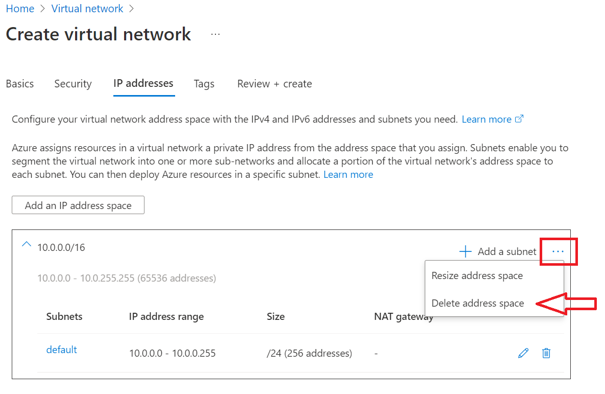 Zrzut ekranu witryny Azure Portal przedstawiający opcje usuwania przestrzeni adresowej.