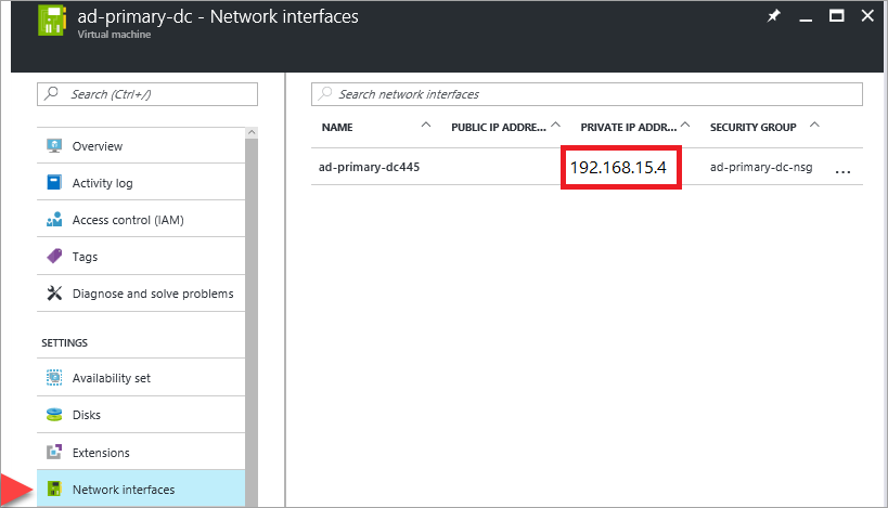 Zrzut ekranu przedstawiający prywatny adres IP widoczny w witrynie Azure Portal.