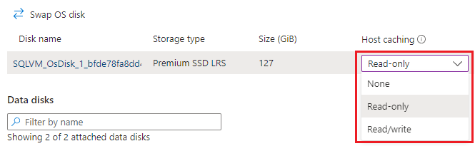 Zrzut ekranu przedstawiający konfigurację zasad buforowania dysku w portalu Azure.
