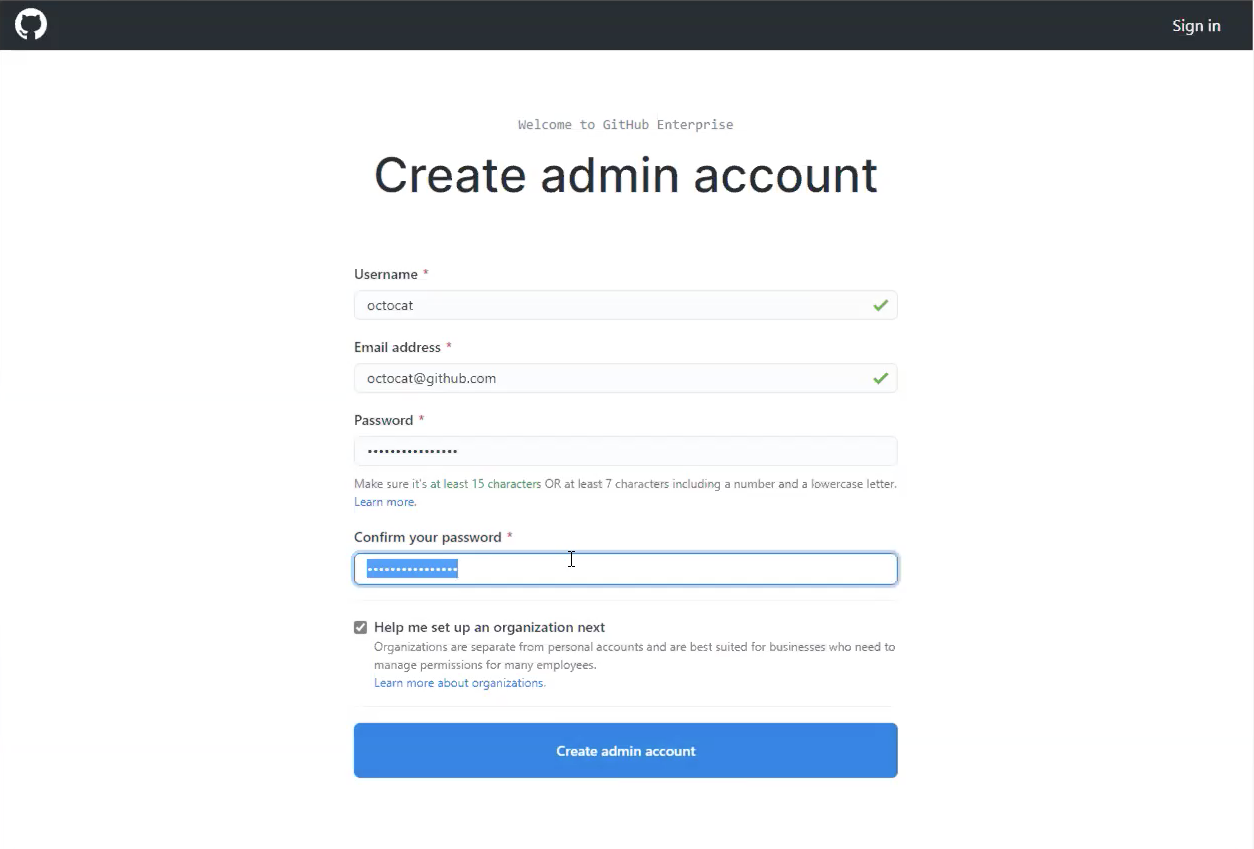 Screenshot showing the Create admin account for GitHub Enterprise.
