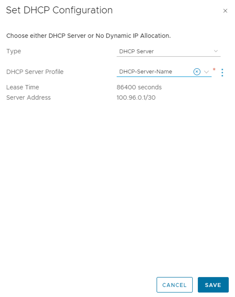 Zrzut ekranu przedstawiający sposób edytowania bramy NSX w warstwie 1 na potrzeby korzystania z serwera DHCP.