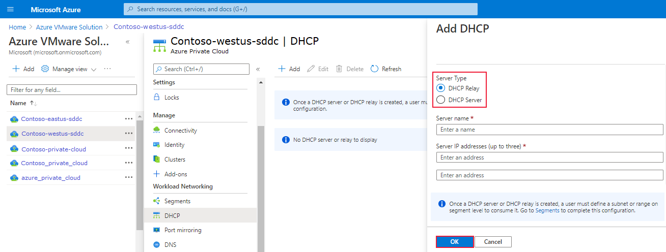 Zrzut ekranu przedstawiający sposób dodawania serwera DHCP lub przekaźnika DHCP w usłudze Azure VMware Solutions.