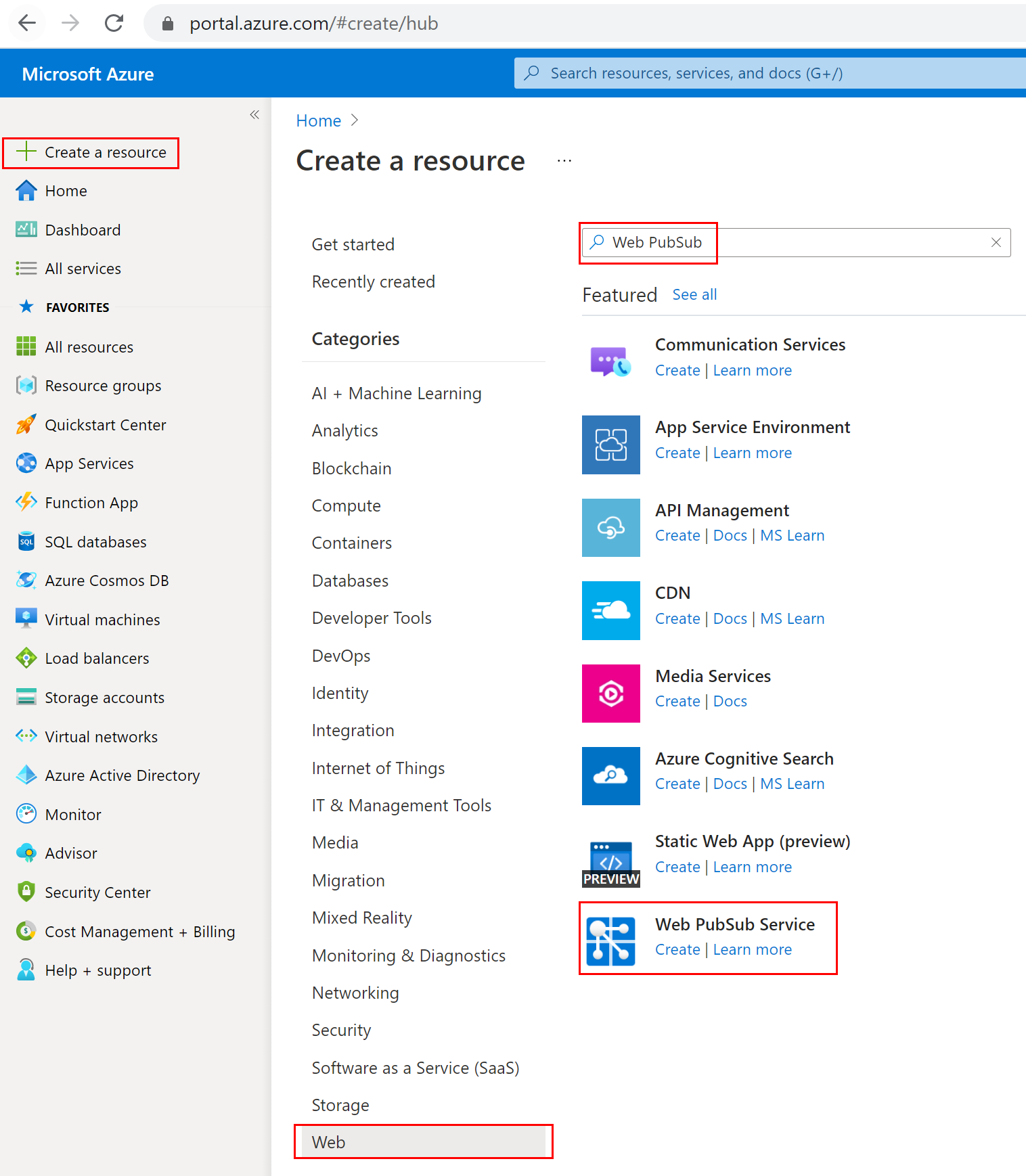 Zrzut ekranu przedstawiający wyszukiwanie usługi Azure Web PubSub w portalu.
