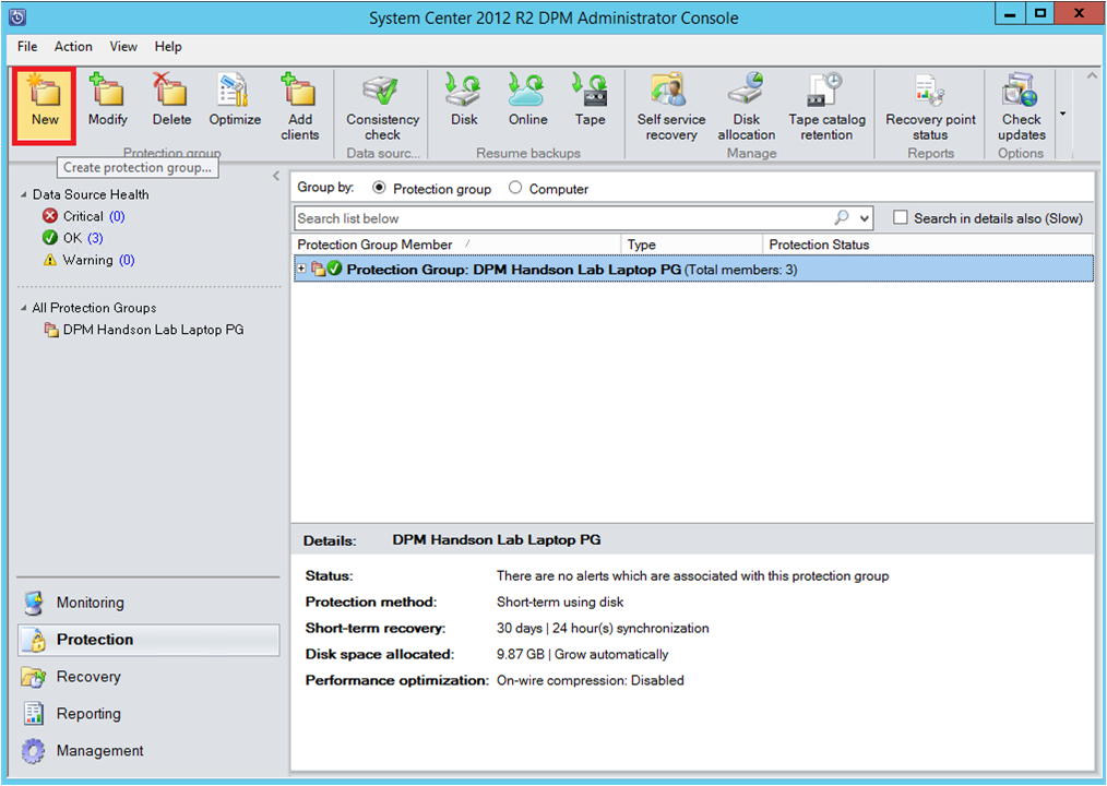 Screenshot shows how to initiate creating Protection Group.