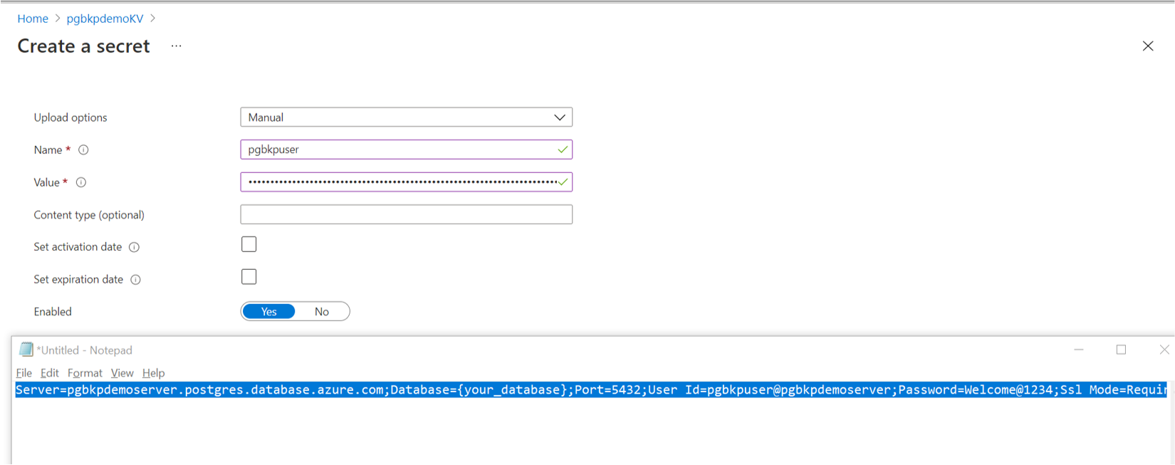 Zrzut ekranu przedstawiający opcję utworzenia tajnego serwera P G parametry połączenia.