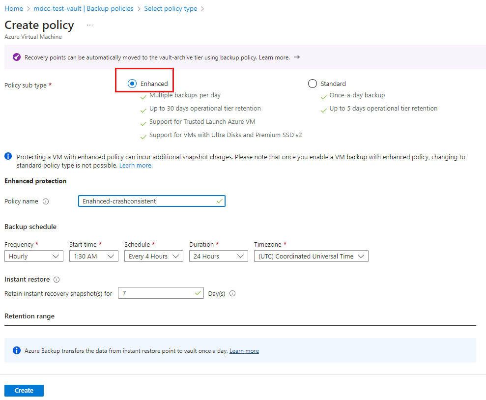 Screenshot shows creation of a new backup policy with the same backup frequency and retention rules.