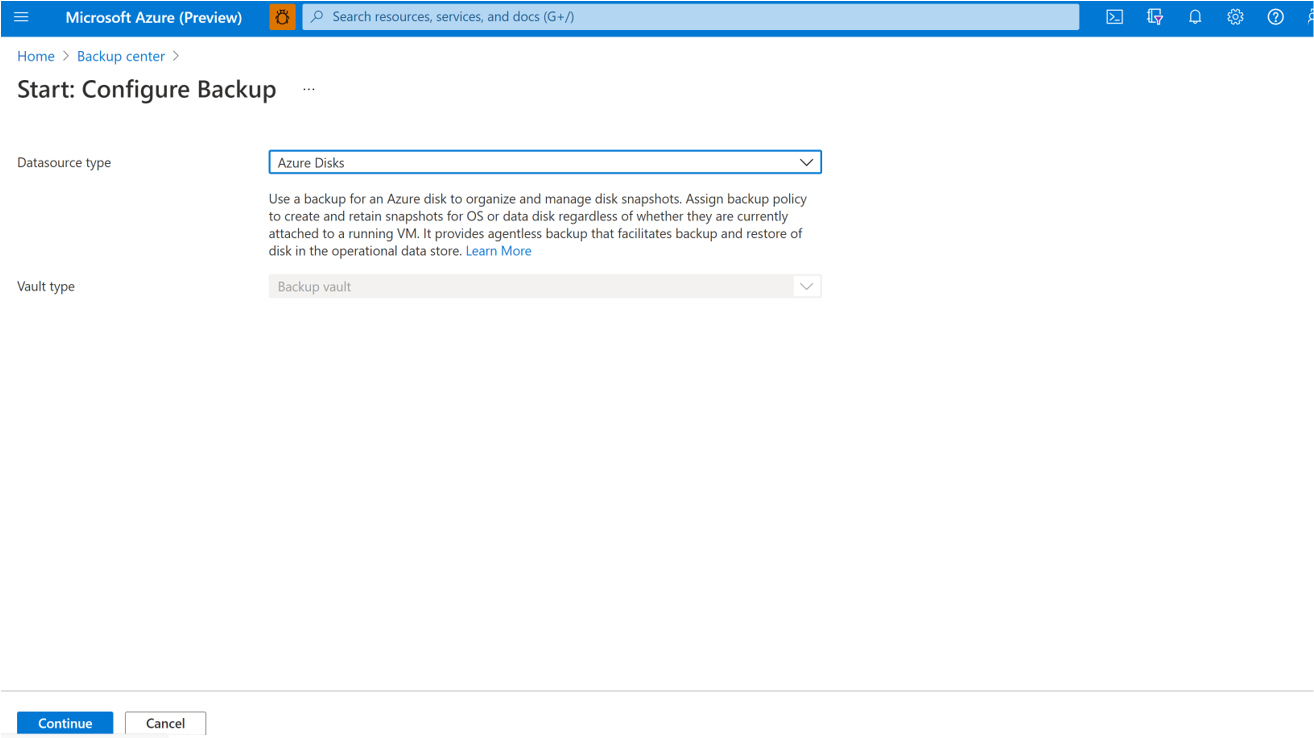 Zrzut ekranu przedstawiający proces wybierania dysków platformy Azure jako typu ochrony danych.