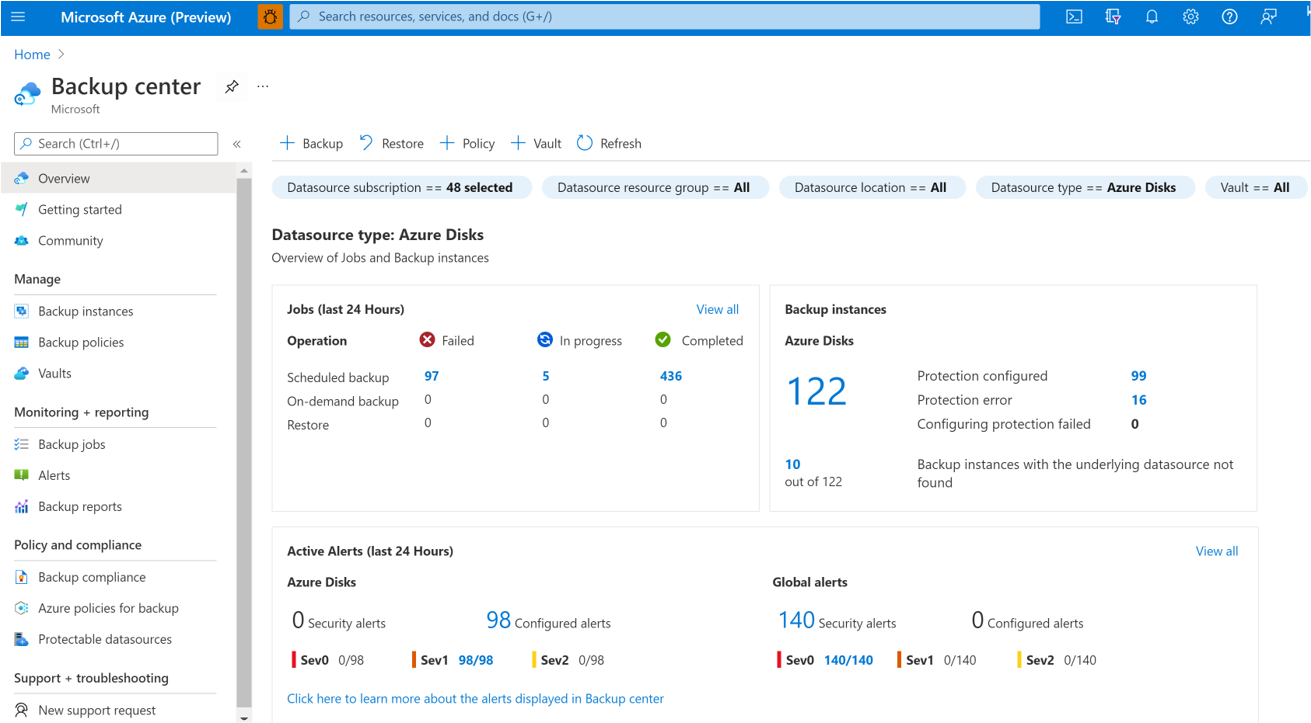 Zrzut ekranu przedstawiający opcję uruchamiania kopii zapasowej dysku platformy Azure.