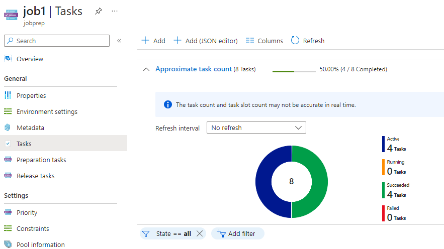 Zrzut ekranu przedstawiający postęp zadania zadania w Azure Portal.