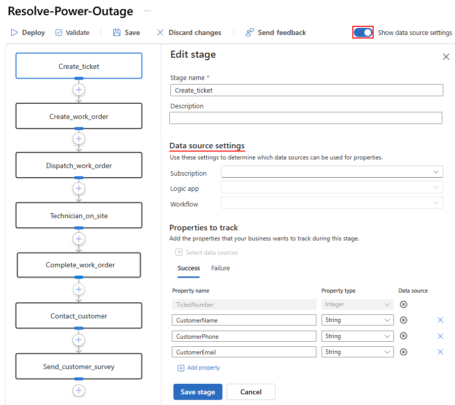 Zrzut ekranu przedstawia otwarte okienko o nazwie **Edytuj etap**, włączoną opcję o nazwie Pokaż ustawienia źródła danych i sekcję o nazwie Ustawienia źródła danych.