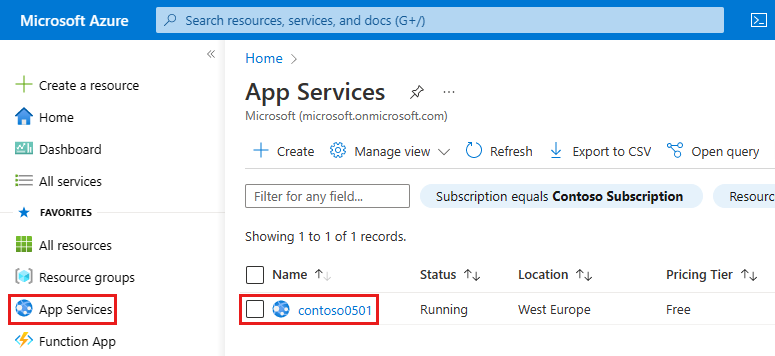 Zrzut ekranu przedstawiający wybieranie aplikacji usługi App Service w portalu.