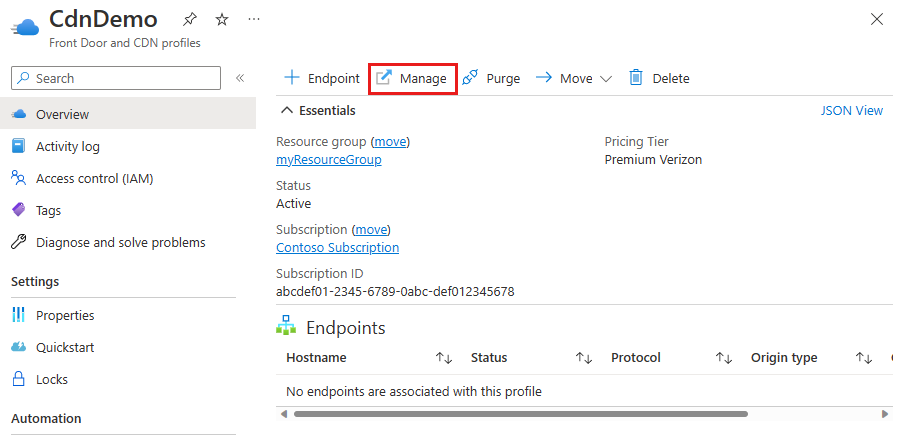 Zrzut ekranu przedstawiający przycisk zarządzaj z profilu usługi Azure CDN Edgio Premium.