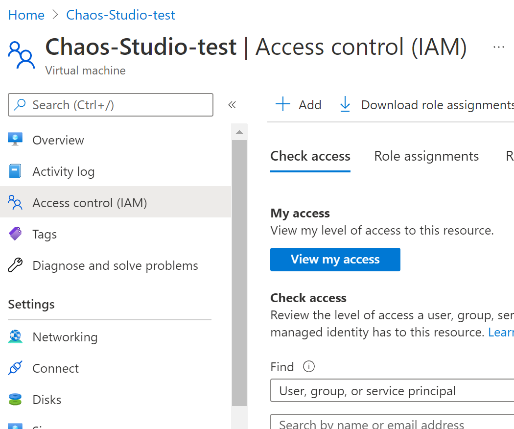 Screenshot that shows Access control (IAM) in the left pane.
