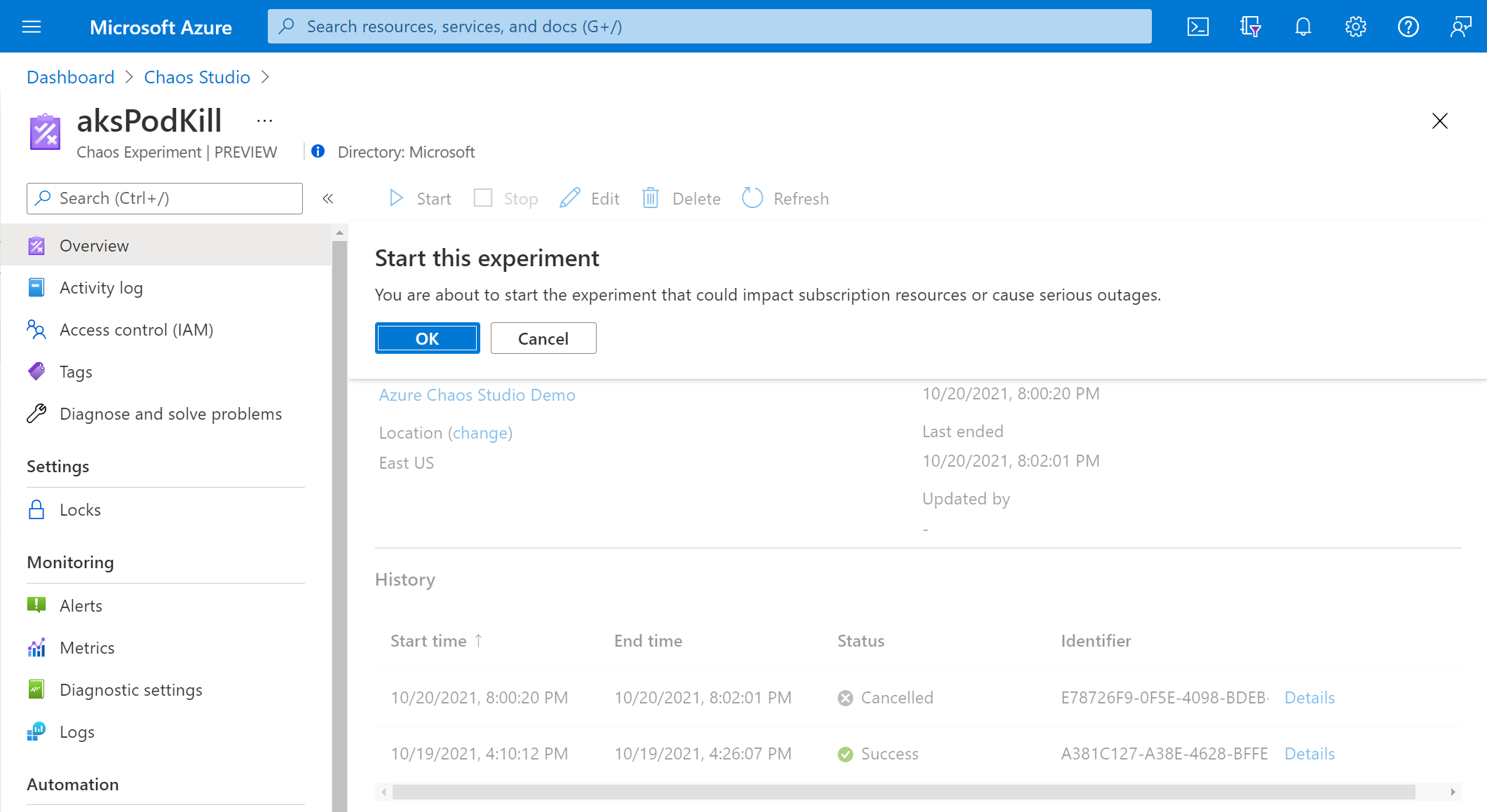 Screenshot that shows the Start this experiment pane.