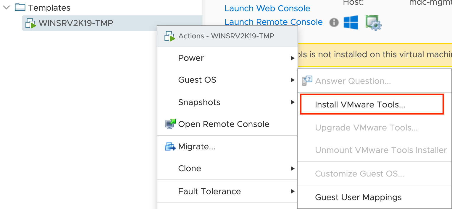 Zrzut ekranu przedstawiający lokalizację przycisku Zainstaluj narzędzia VMware.