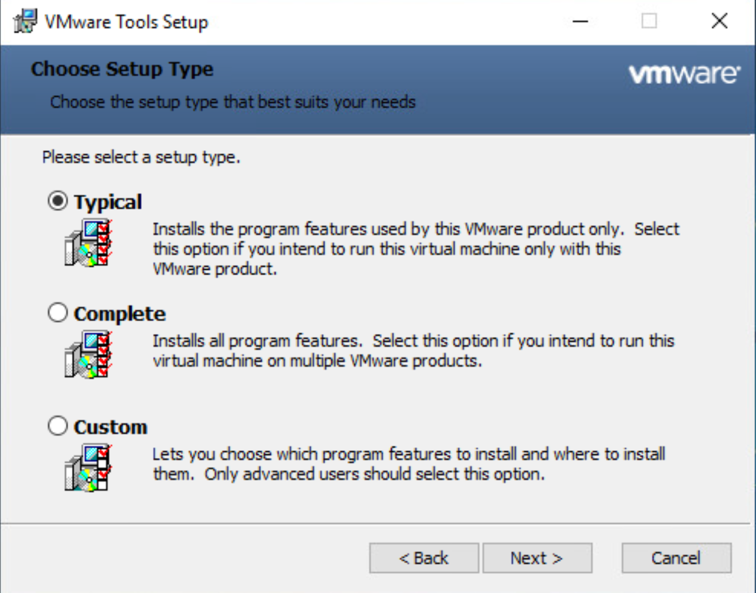 Zrzut ekranu przedstawiający okno Konfiguracja narzędzi VMware, w którym wybrano typ instalacji 