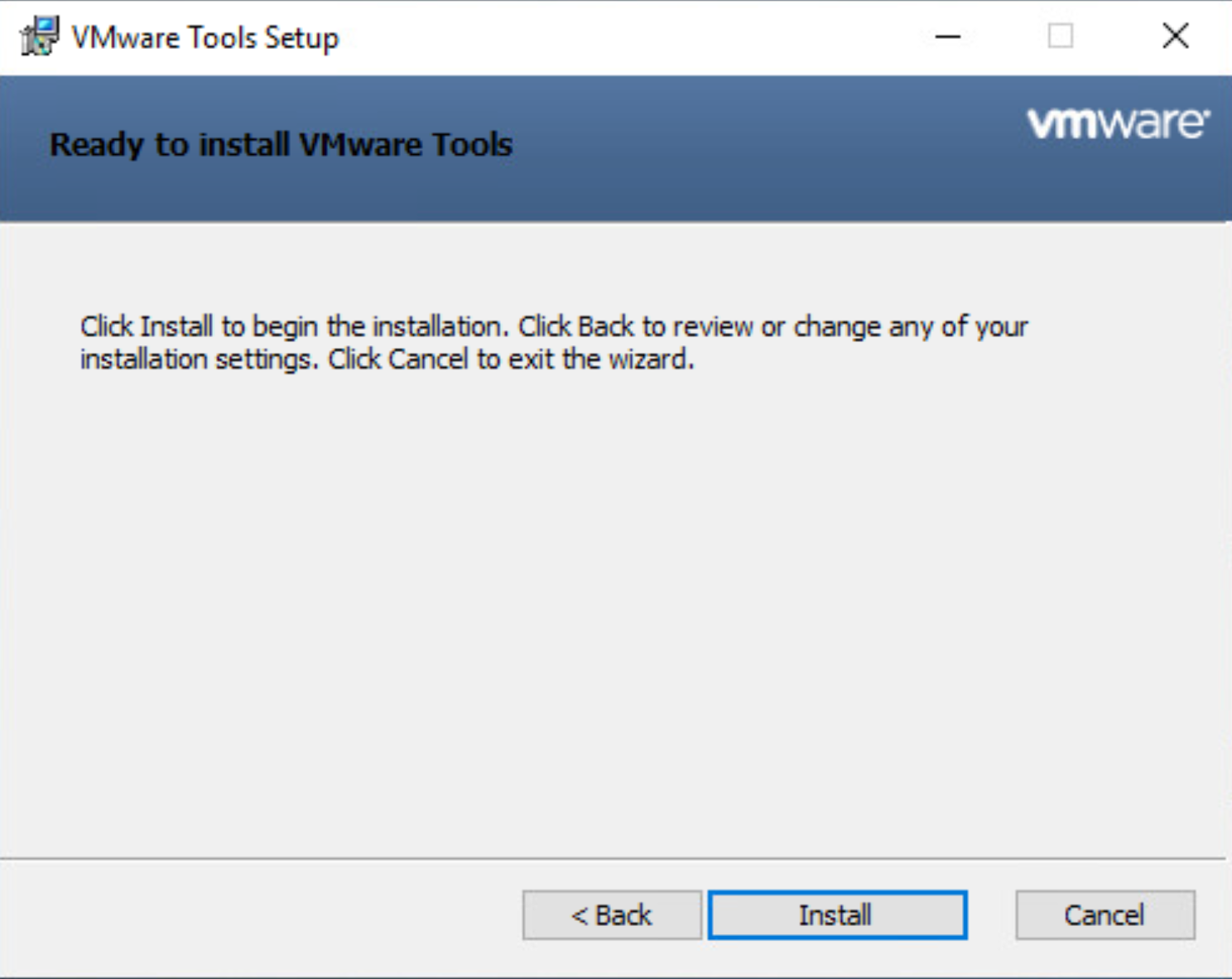 Zrzut ekranu przedstawiający okno Instalatora narzędzi VMware z informacją, że jest gotowe do zainstalowania.