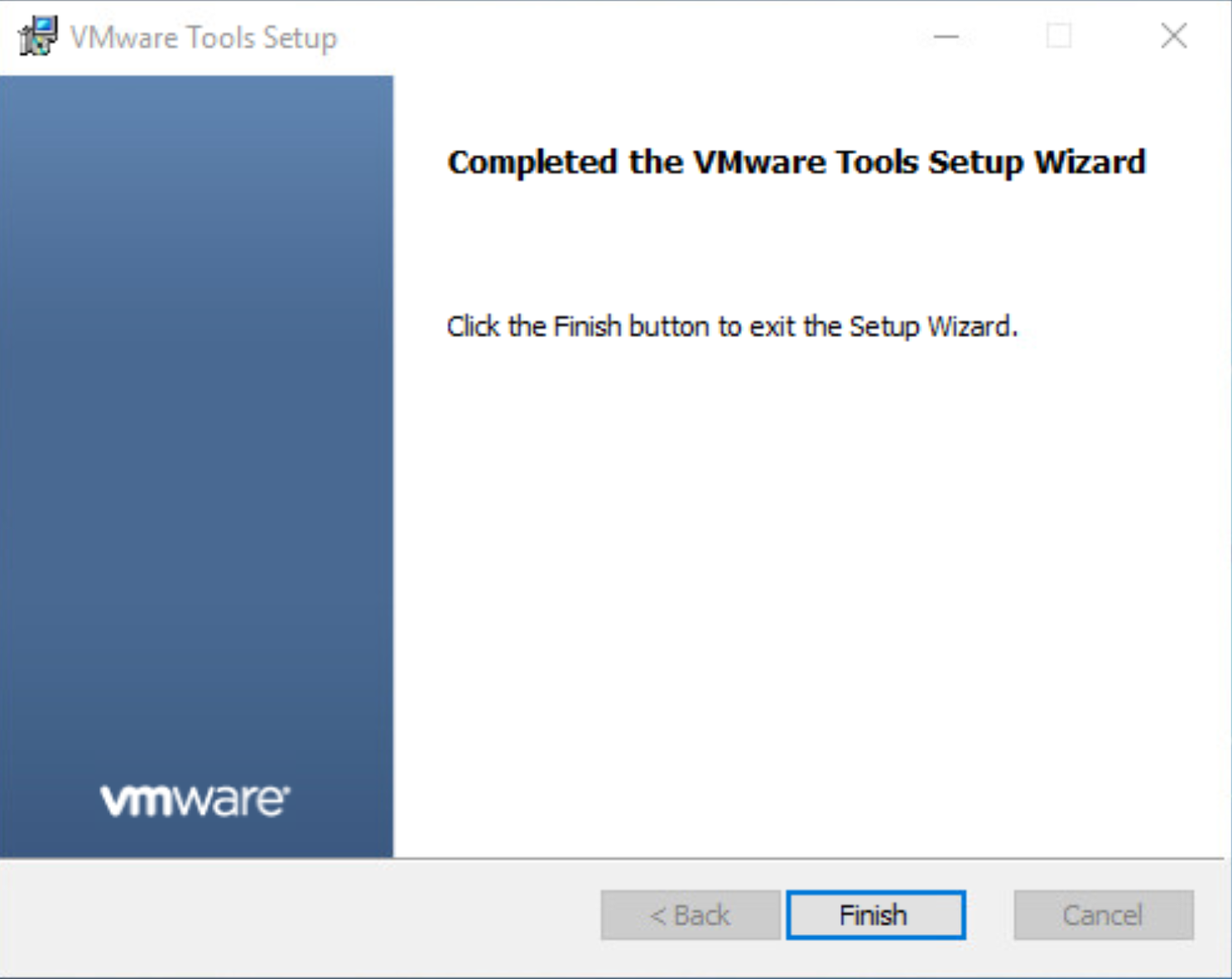 Zrzut ekranu przedstawiający okno Konfiguracja narzędzi VMware z informacją o zakończeniu instalacji.
