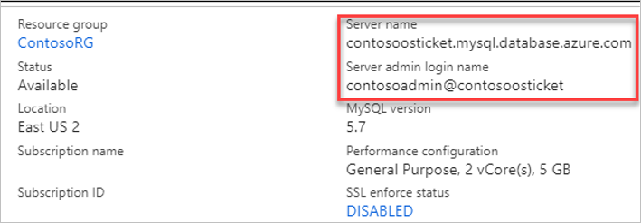 Zrzut ekranu przedstawiający okienko grupy zasobów z wyświetloną nazwą serwera i nazwą konta administratora serwera.
