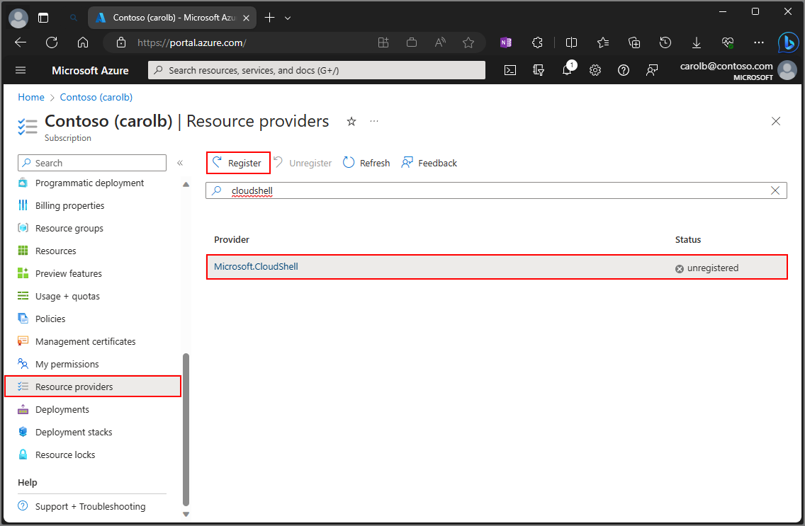 Zrzut ekranu przedstawiający wybieranie dostawców zasobów w witrynie Azure Portal.