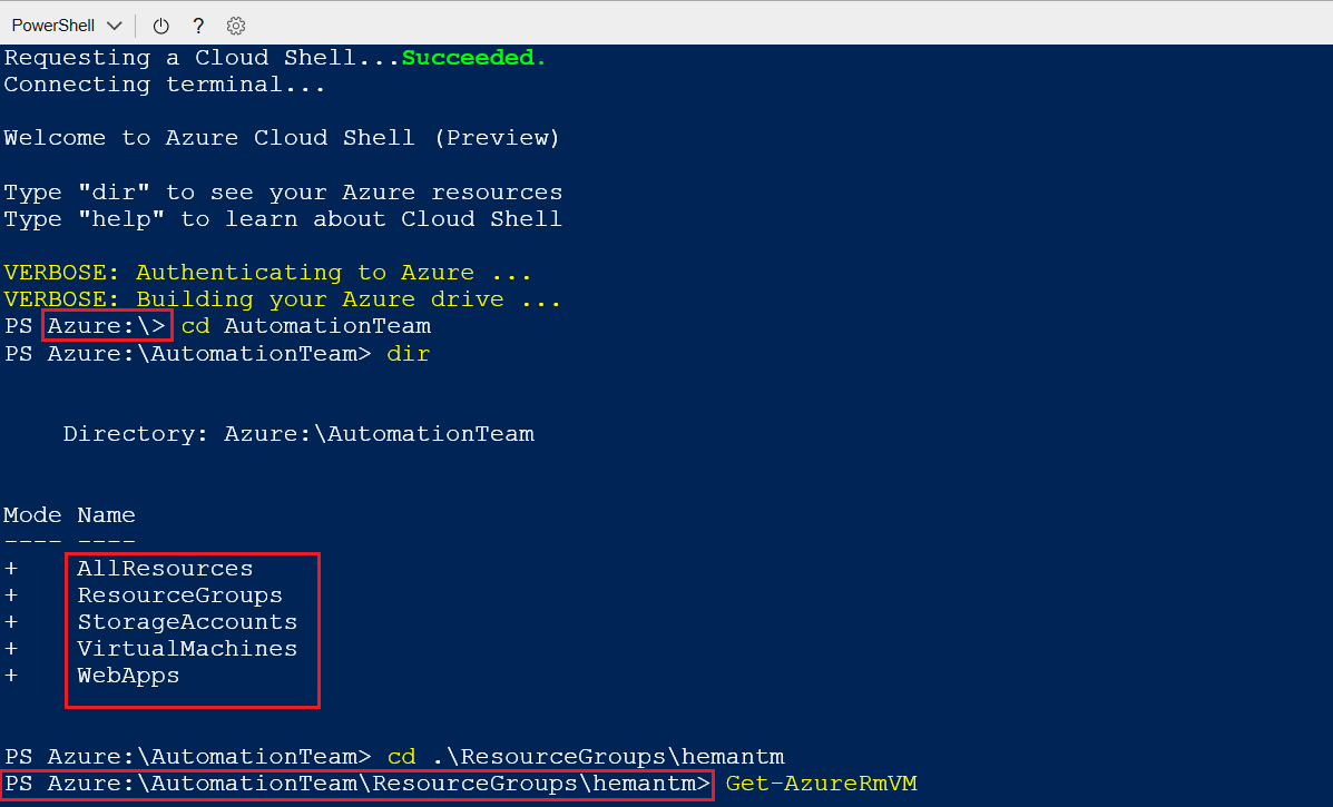 Zrzut ekranu przedstawiający zainicjowanie Cloud Shell platformy Azure oraz listę zasobów katalogu.