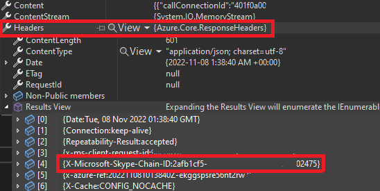 Zrzut ekranu przedstawiający nagłówek odpowiedzi przedstawiający identyfikator X-Ms-Skype-Chain-Id.