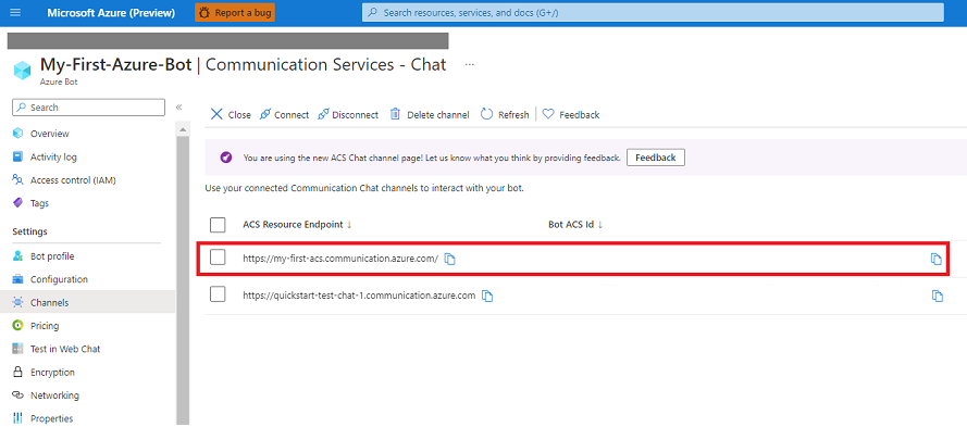 Screenshot that shows the new Communication Services user ID assigned to the bot.