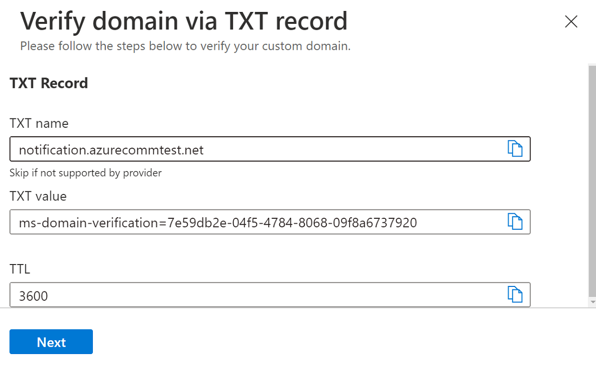 Zrzut ekranu przedstawiający link Konfiguruj, który należy kliknąć, aby zweryfikować własność domeny.