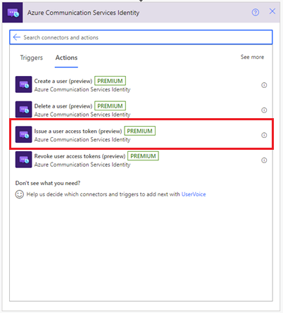 Zrzut ekranu przedstawiający akcję Token dostępu do łącznika tożsamości usług Azure Communication Services.