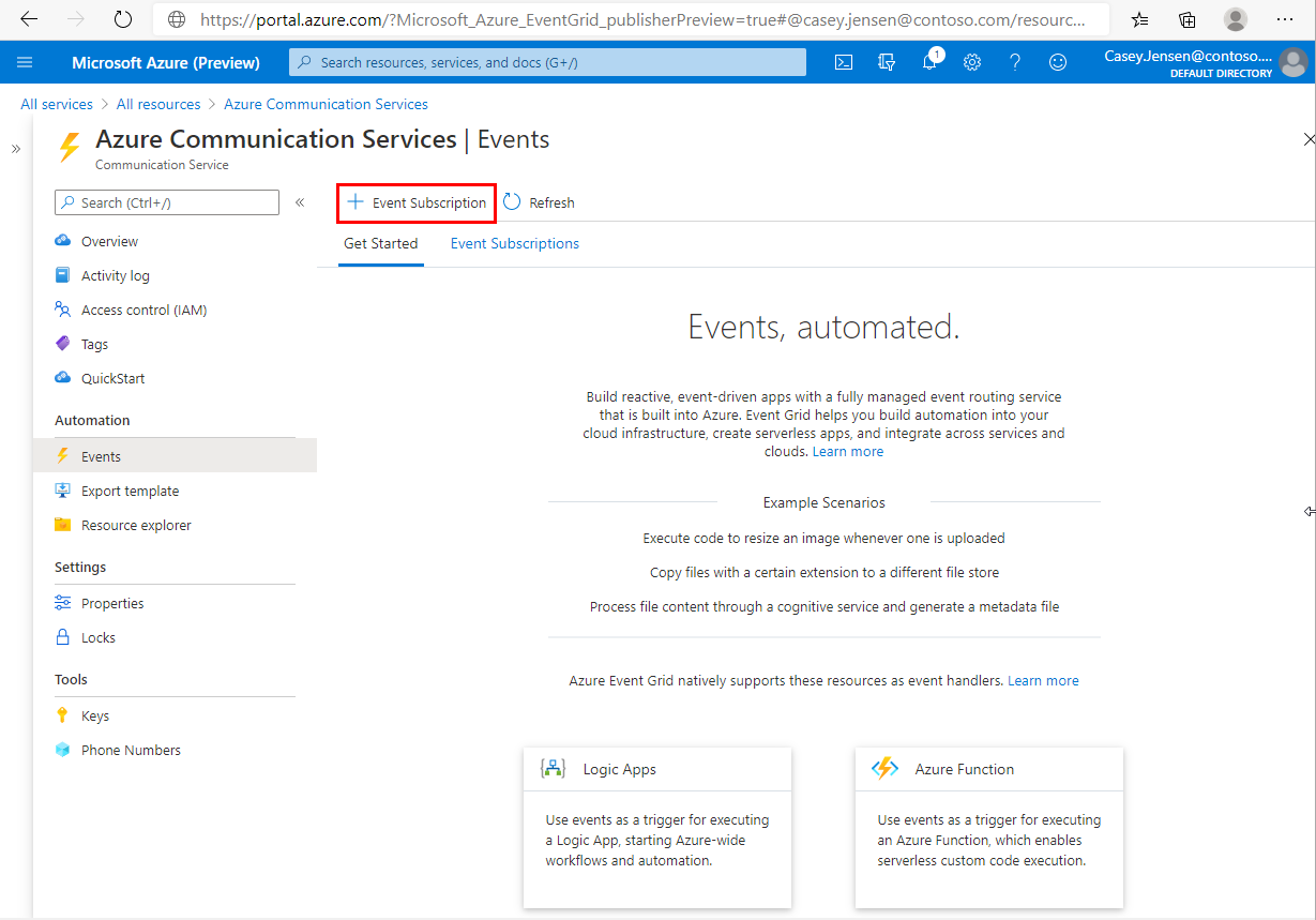 Zrzut ekranu przedstawiający stronę Zdarzenia zasobu Azure Communication Services. Przycisk Subskrypcja zdarzeń jest wywoływany.