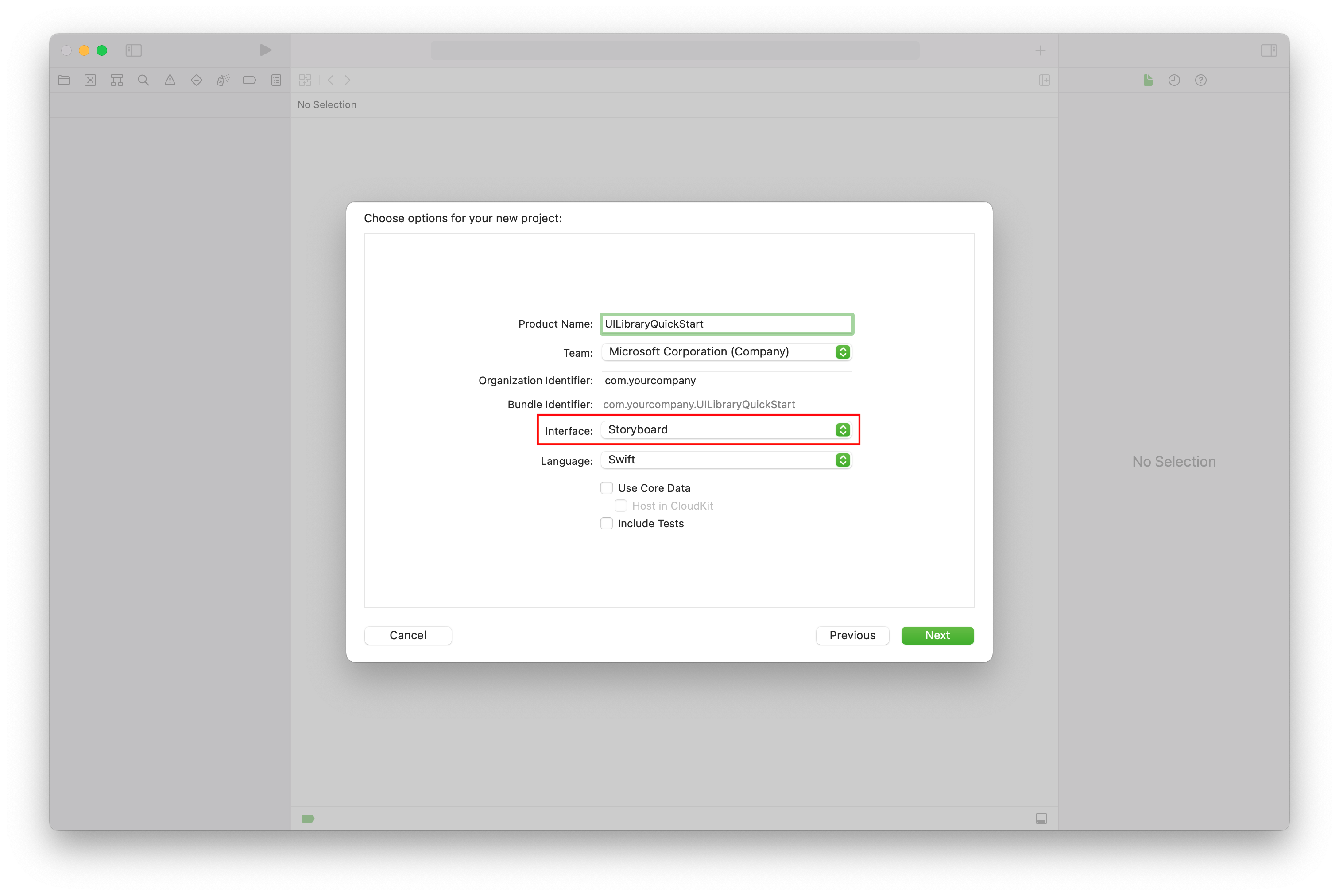 Zrzut ekranu przedstawiający ustawianie nowych opcji projektu w programie Xcode.
