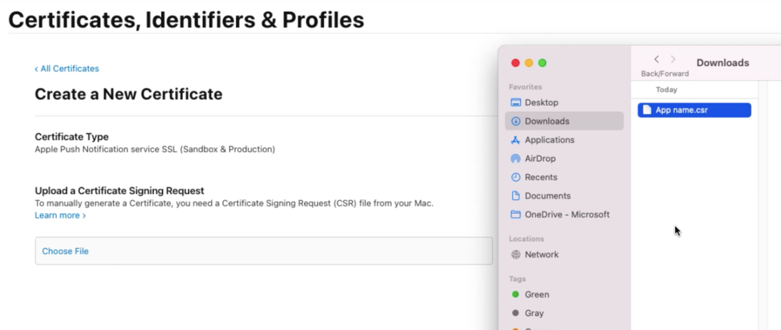 Zrzut ekranu przedstawiający krok 6 konfiguracji certyfikatu usługi APNS.