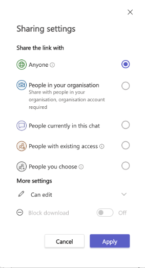 Zrzut ekranu przedstawiający klienta usługi Teams z listą uprawnień do plików.