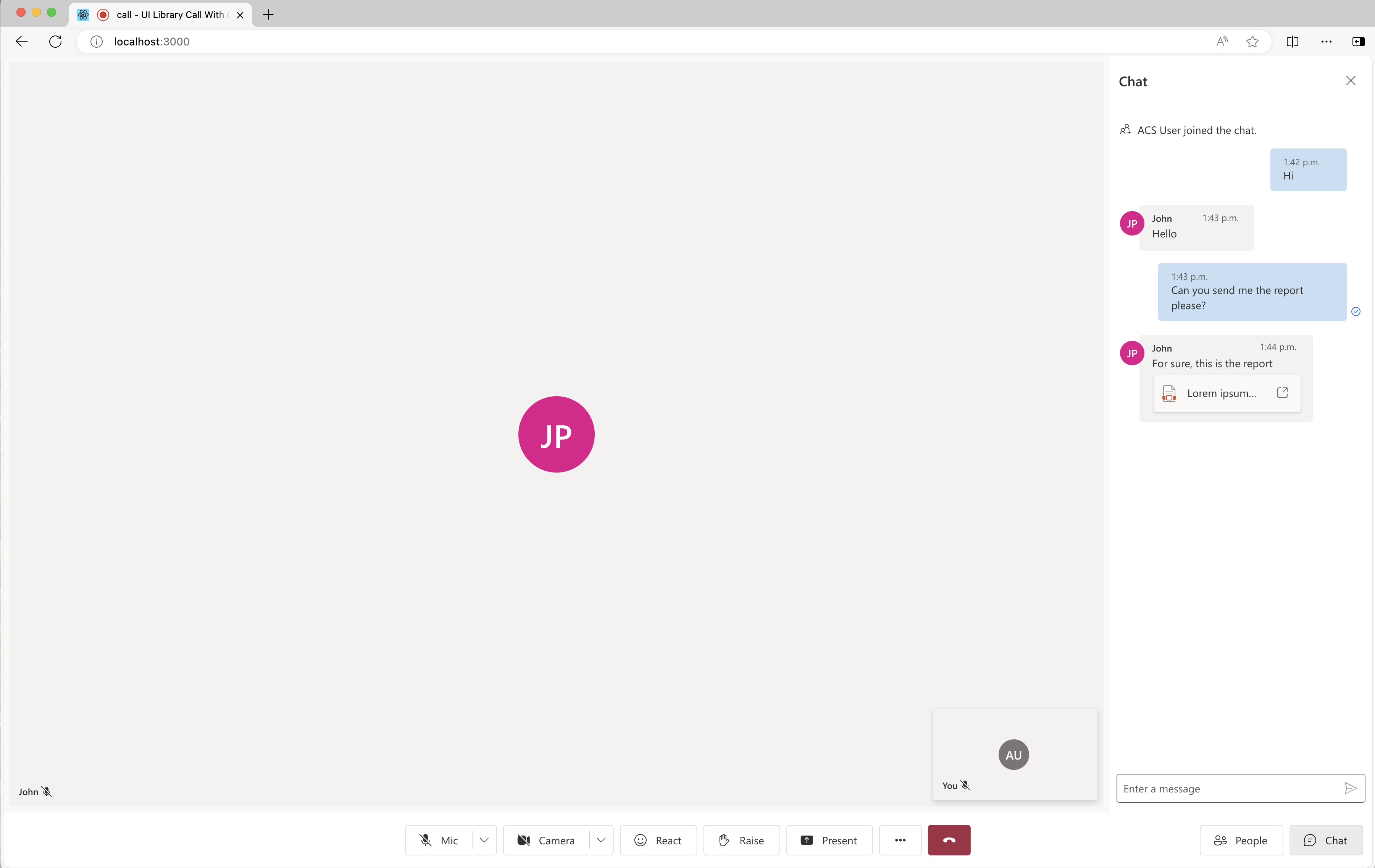 Zrzut ekranu przedstawiający bibliotekę interfejsu użytkownika usług Azure Communication Services odbierających jeden plik.