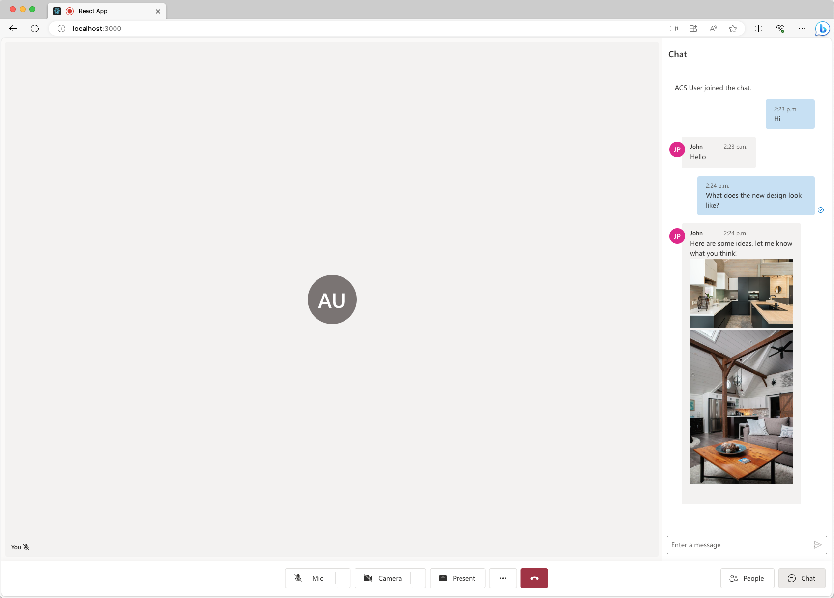 Zrzut ekranu przedstawiający bibliotekę interfejsu użytkownika usług Azure Communication Services odbierających dwa wbudowane obrazy.