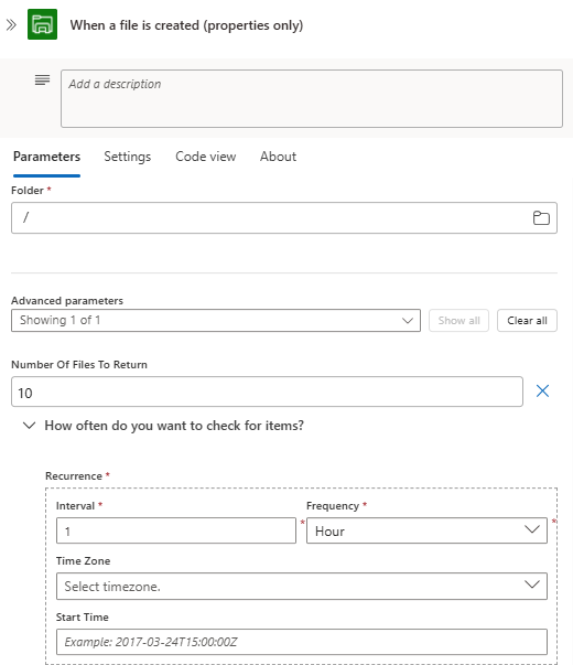 Zrzut ekranu przedstawiający projektanta przepływu pracy zużycie i wyzwalacz o nazwie Po utworzeniu pliku.