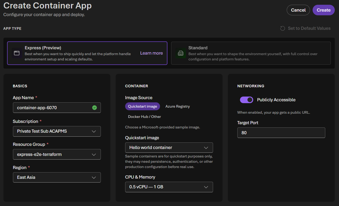  Zrzut ekranu przedstawiający Azure Container Apps express create experience.