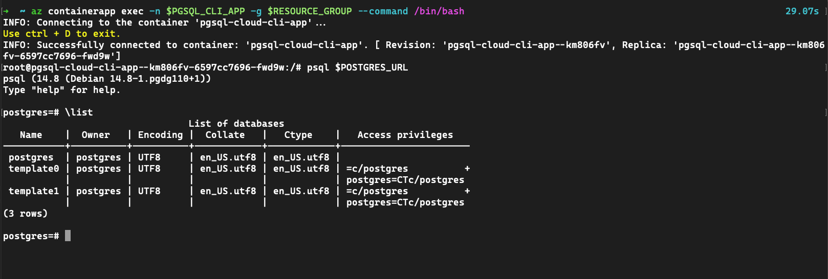 Zrzut ekranu przedstawiający aplikację kontenera używającą narzędzia pgsql do nawiązywania połączenia z usługą PostgreSQL.