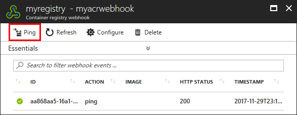 Interfejs użytkownika tworzenia elementu webhook usługi ACR w Azure Portal