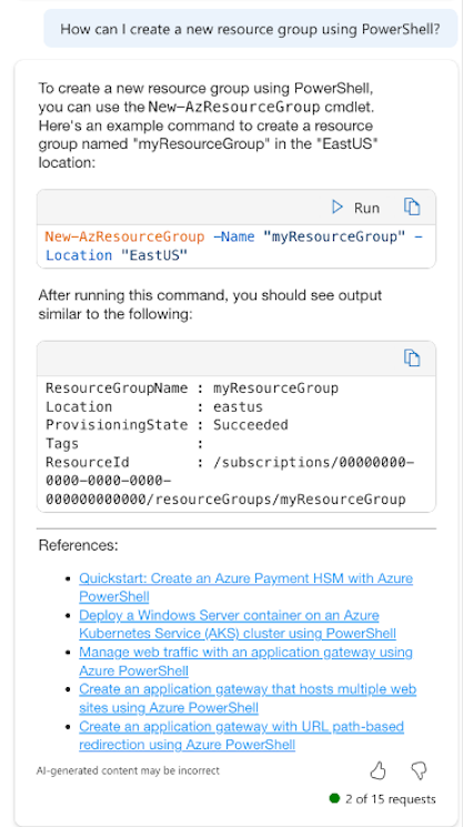 Zrzut ekranu przedstawiający narzędzie Copilot na platformie Azure udostępniające polecenie cmdlet programu PowerShell w celu utworzenia nowej grupy zasobów.