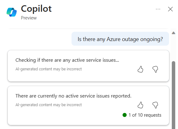 Zrzut ekranu przedstawiający narzędzie Microsoft Copilot na platformie Azure zawierające informacje o problemach z usługą i planowanej konserwacji.