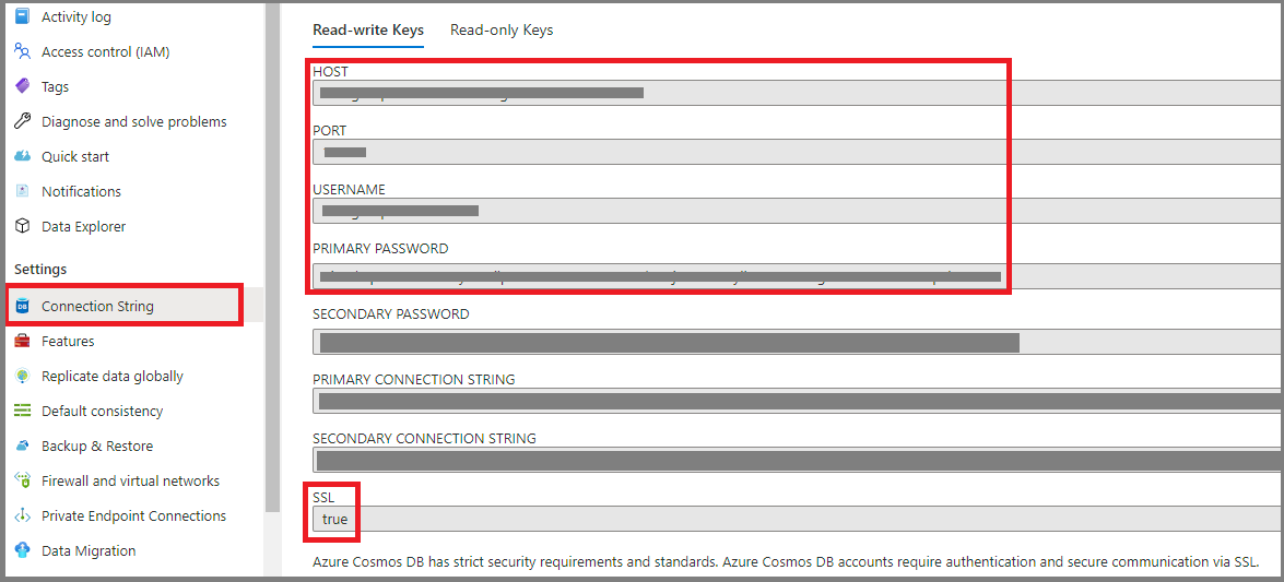 Zrzut ekranu przedstawiający poświadczenia usługi Azure Cosmos DB.