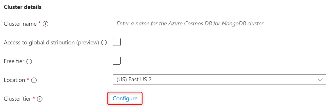 Screenshot of the configure cluster option for a new Azure Cosmos DB for MongoDB cluster.